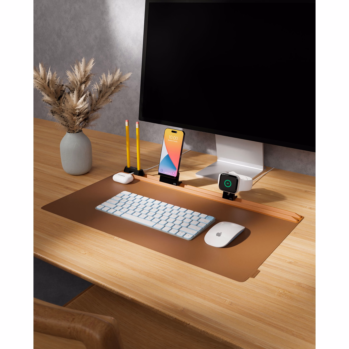 Tan-Brown Snap On Organiser Desk Mat with Cable Holder + Phone Mount + Apple Watch Charging Stand in Tan – Lifestyle Photo | KlippiK