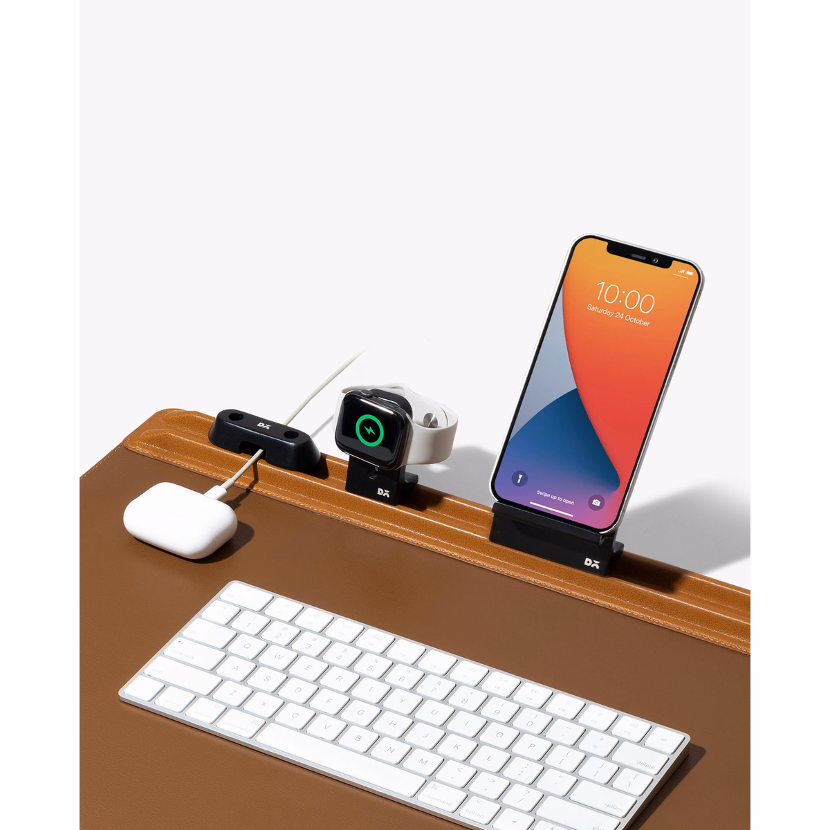 Tan-Brown Snap On Organiser Desk Mat with Cable Holder + Phone Mount + Apple Watch Charging Stand in Tan – With Tech Accessories Close-up | KlippiK