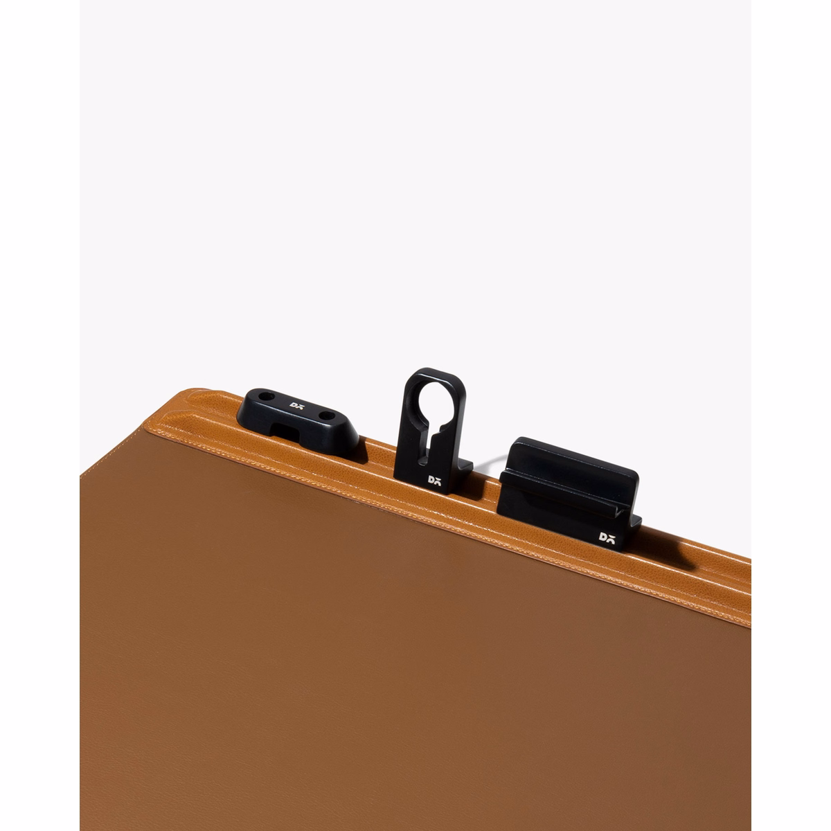 Tan-Brown Snap On Organiser Desk Mat with Cable Holder + Phone Mount + Apple Watch Charging Stand in Tan – Cables close up | KlippiK
