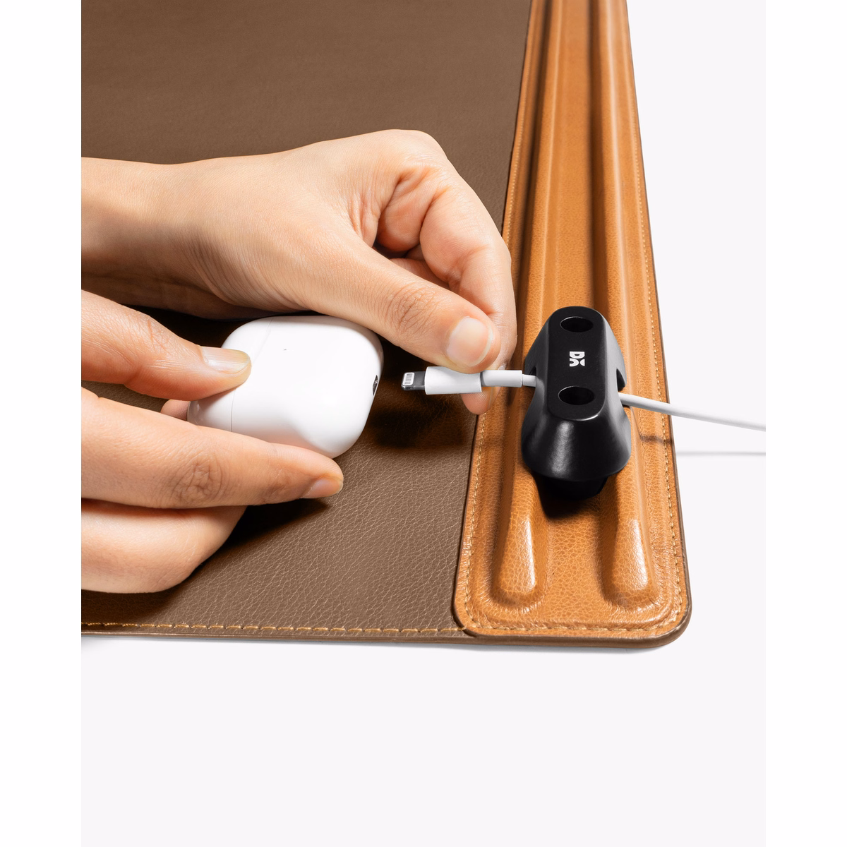 Tan-Brown Snap On Organiser Desk Mat with Cable Holder + Phone Mount + Apple Watch Charging Stand in Tan – Snap Close up | KlippiK