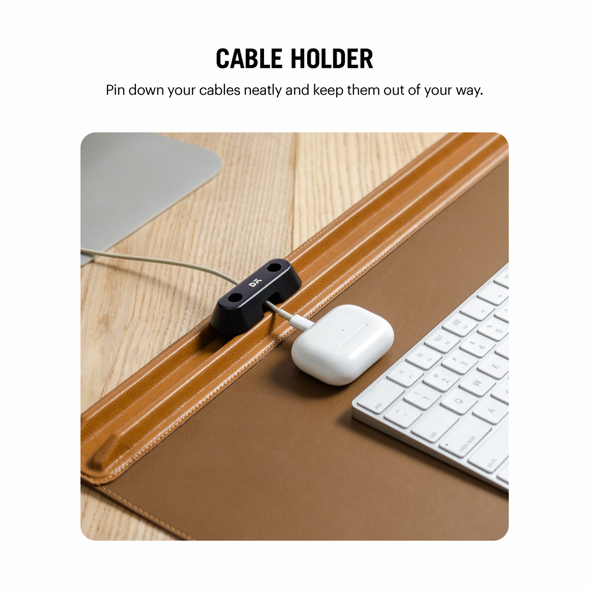 Tan-Brown Snap On Organiser Desk Mat with Cable Holder + Phone Mount + Apple Watch Charging Stand in Tan – close up view with tech accessories | KlippiK