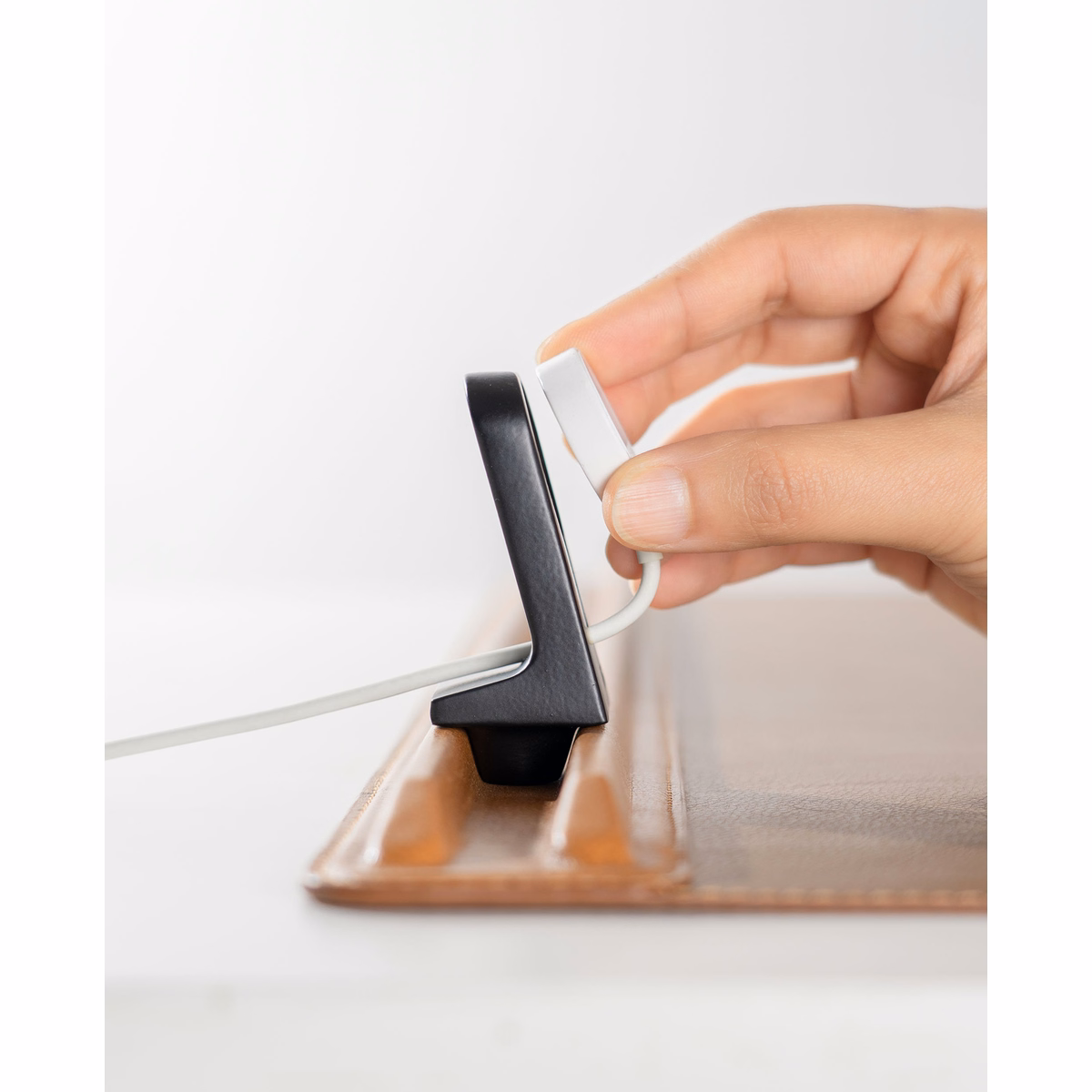 Tan-Brown Snap On Organiser Desk Mat with Cable Holder + Phone Mount + Apple Watch Charging Stand in Tan – Apple Watch Charging Stand | KlippiK
