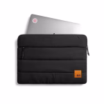 MacBook sliding into black puffy Stria laptop sleeve with orange interior | KlippiK Middle East