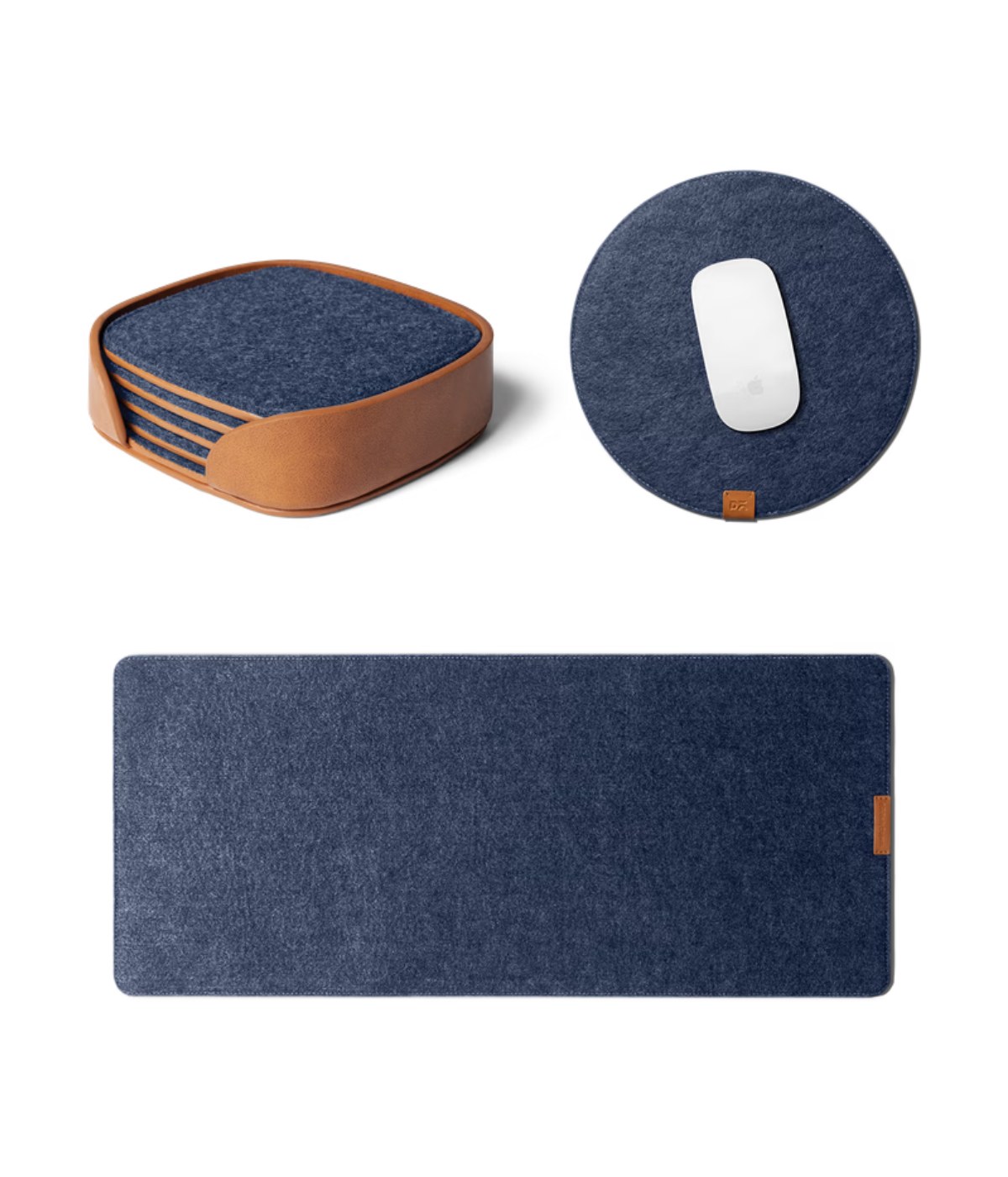 13 Felt Desk Trio Bundle in blue — navy desk mat, round mouse pad and coaster set laid out on white