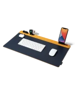 Mustard-Blue Snap On Organiser Desk Mat — navy mat with mustard toolbar holding a phone mount and cable holder