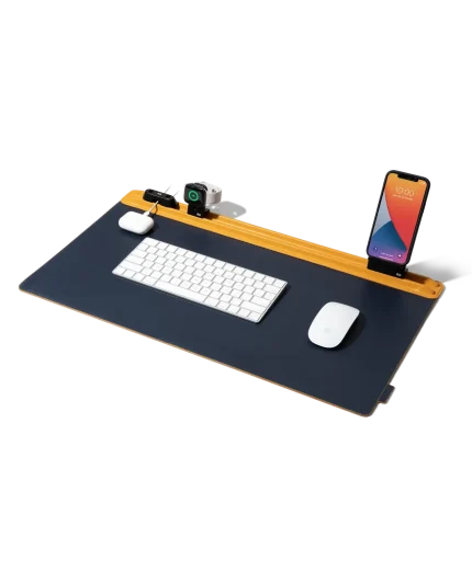 Mustard-Blue Snap On Organiser Desk Mat — navy mat with mustard toolbar holding a phone mount and cable holder