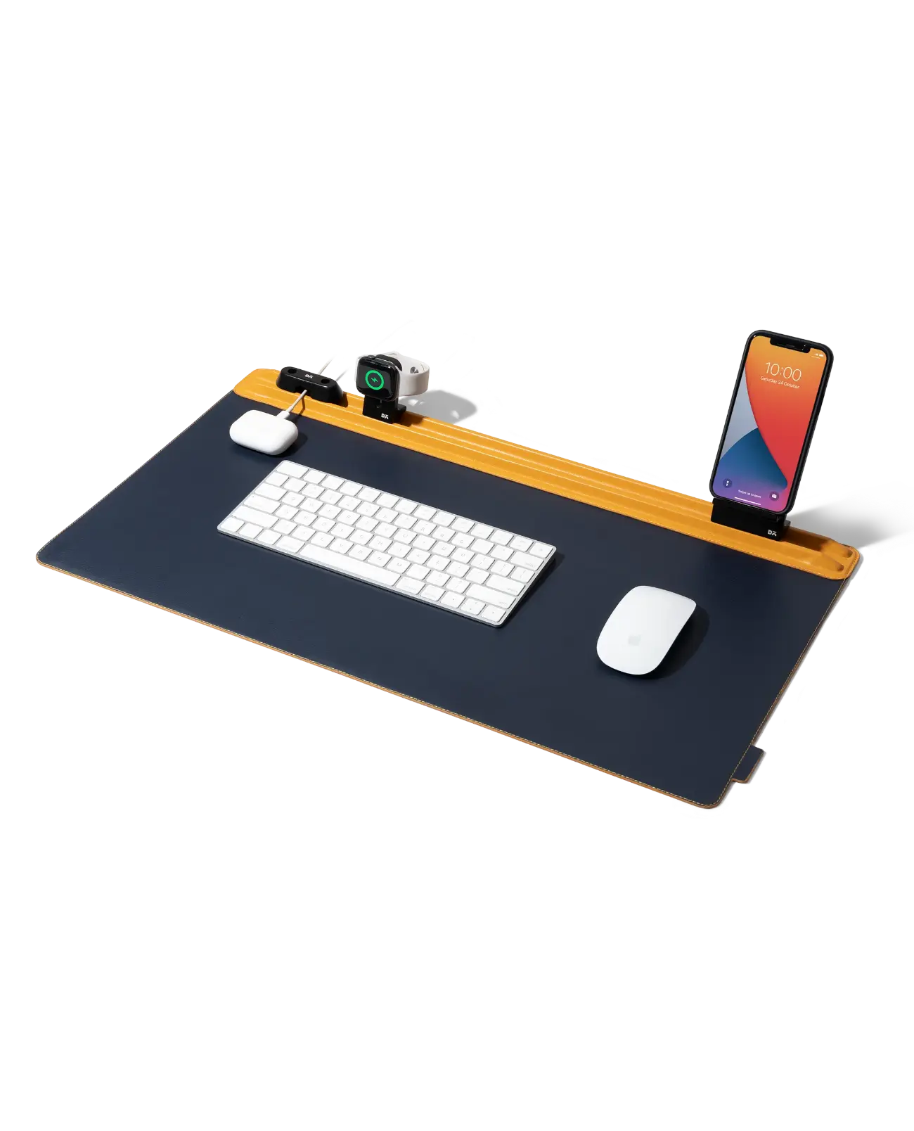 1 Mustard-Blue Snap On Organiser Desk Mat — navy mat with mustard toolbar holding a phone mount and cable holder