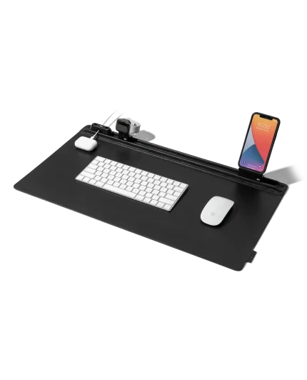 Blue Ripstop Vault Tech Organiser opened flat with chargers, AirPods and a mouse held in its elastic loops