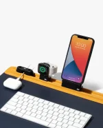Mustard-Blue Snap On Organiser Desk Mat with Cable Holder + Phone Mount + Apple Watch Charging Stand