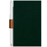 Detail of the dark green felt surface with a pen held in the vegan leather side loop