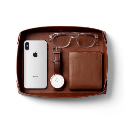 DailyObjects Valet Vegan Leather Tray Tan on wooden desk with keys, phone and stationery