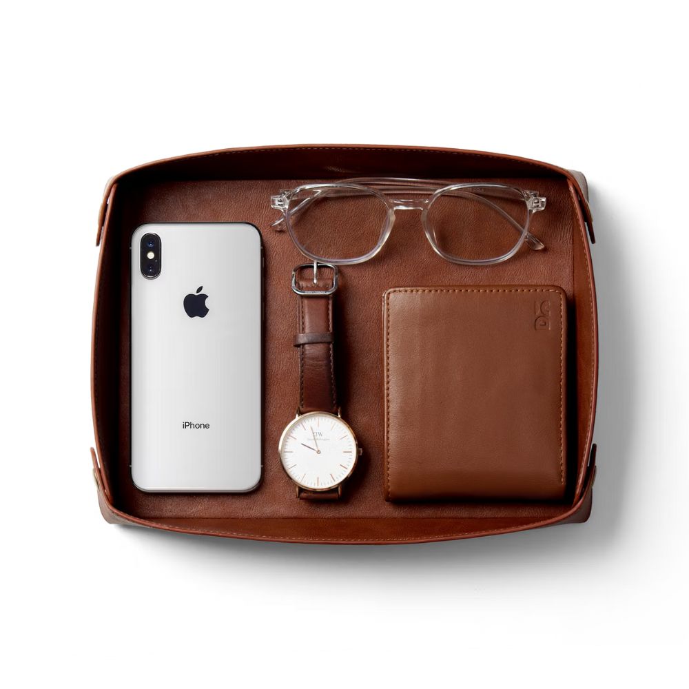 Valet Vegan Leather Tray - Tan - 1 DailyObjects Valet Vegan Leather Tray Tan on wooden desk with keys, phone and stationery