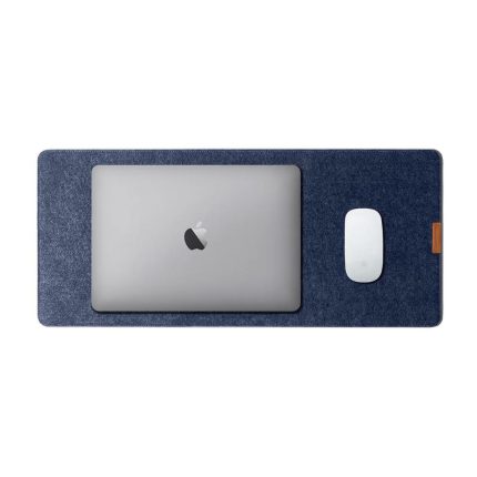 Turf Felt Mini Desk Mat Blue – blue felt side up on desk with keyboard and mouse