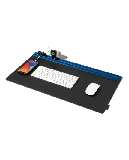Blue-Black Snap On Organiser Desk Mat with Cable Holder + Apple Watch Charging Stand