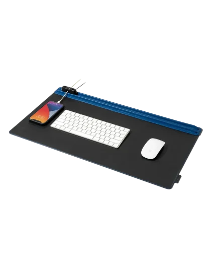 Blue-Black Snap On Organiser Desk Mat — black mat with blue toolbar and cable holder, keyboard and mouse in place
