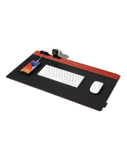 Red-Black Snap On Organiser Desk Mat with Cable Holder + Apple Watch Charging Stand