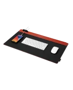 Red-Black Snap On Organiser Desk Mat — black mat with red toolbar and cable holder, keyboard and mouse in place