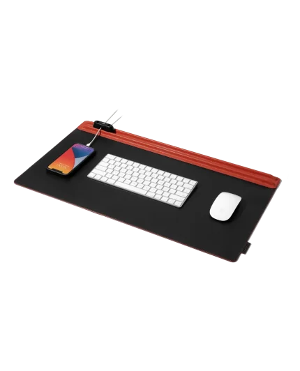 Red-Black Snap On Organiser Desk Mat — black mat with red toolbar and cable holder, keyboard and mouse in place