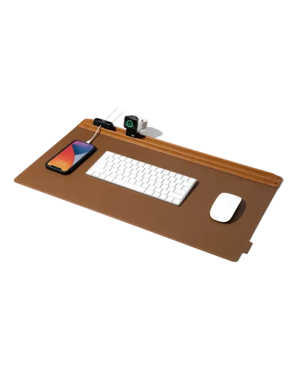 Tan-Brown Snap On Organiser Desk Mat with Cable Holder + Apple Watch Charging Stand
