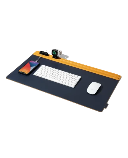 Mustard-Blue Snap On Organiser Desk Mat with Cable Holder + Apple Watch Charging Stand