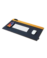 Mustard-Blue Snap On Organiser Desk Mat — navy mat with mustard toolbar and cable holder, keyboard and mouse in place