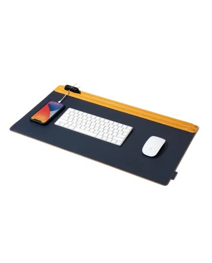 Mustard-Blue Snap On Organiser Desk Mat — navy mat with mustard toolbar and cable holder, keyboard and mouse in place