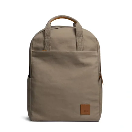 Khaki Beige Field Daypack — canvas daypack with a top handle and leather logo patch, shown on white