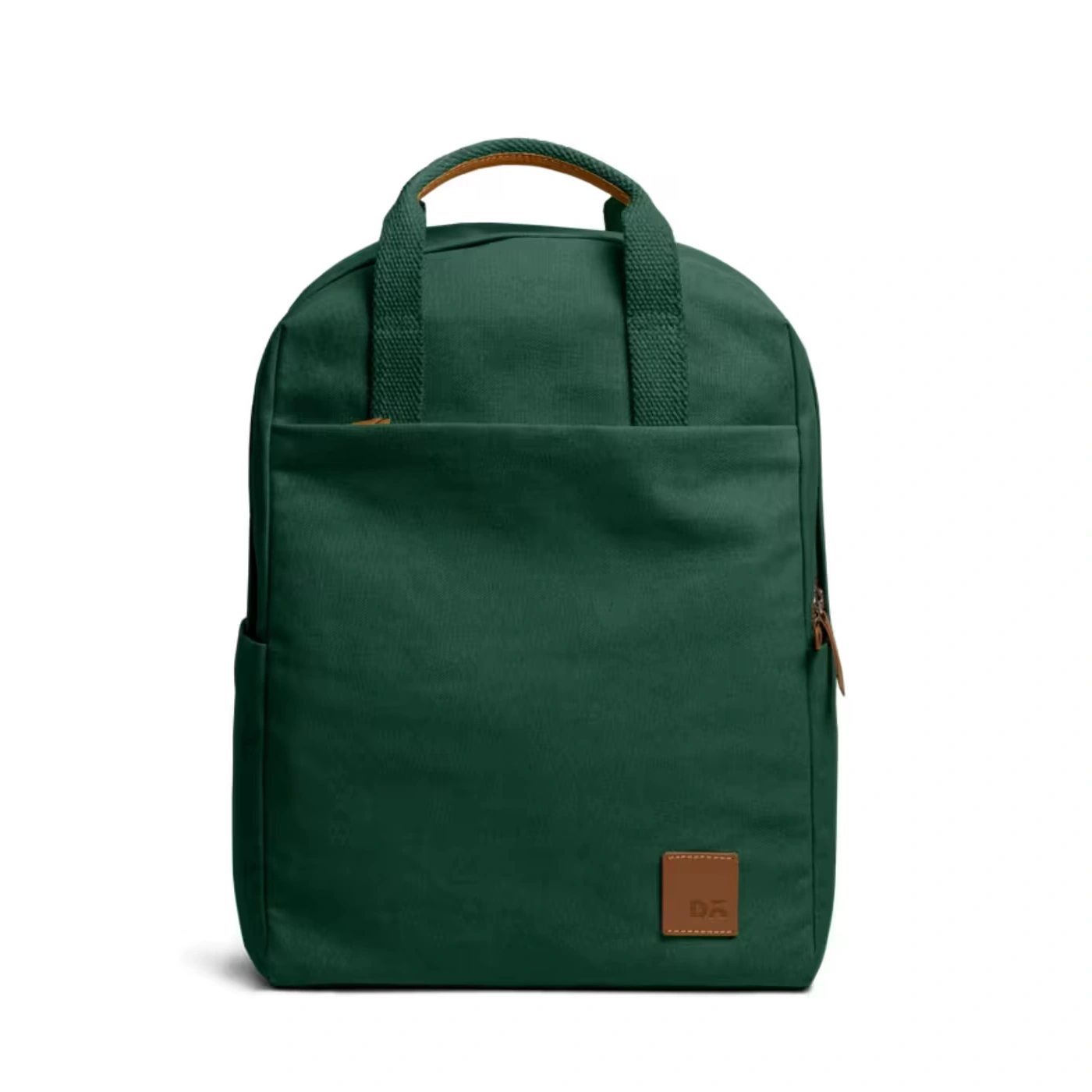 11_converted Forest Green Field Daypack — canvas daypack with a top handle and leather logo patch, shown on white
