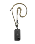 Beige Crossbody Phone Lanyard - Cord attached to a black phone case, shown hanging against a white background