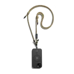 Beige Crossbody Phone Lanyard - Cord attached to a black phone case, shown hanging against a white background