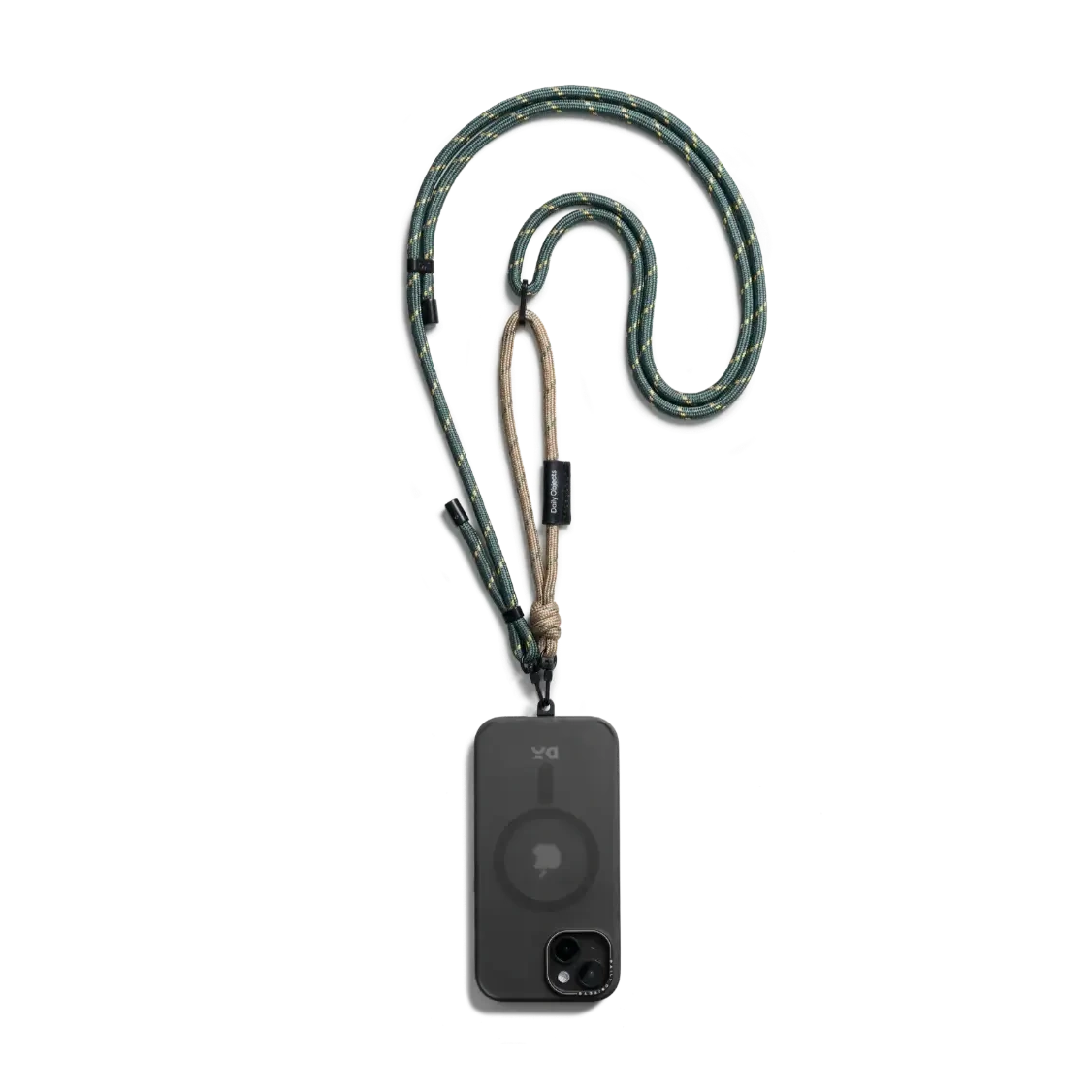 Beige-Green-Crossbody-Phone-Lanyard-Cord Beige-Green Crossbody Phone Lanyard - Cord attached to a black phone case, shown hanging against a white background