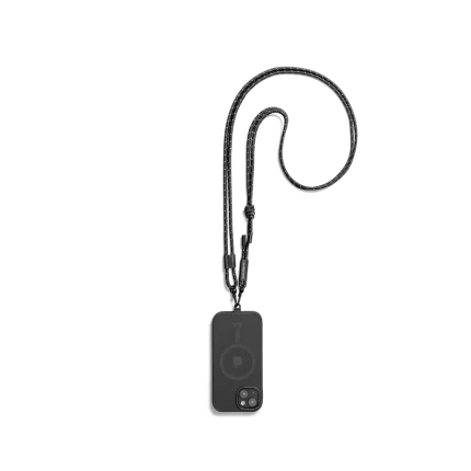 Black Reflective Crossbody Phone Lanyard - Cord attached to a black phone case, shown hanging against a white background