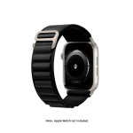 Black Ridge Loop Apple Watch band fitted to an Apple Watch, shown on white — watch not included