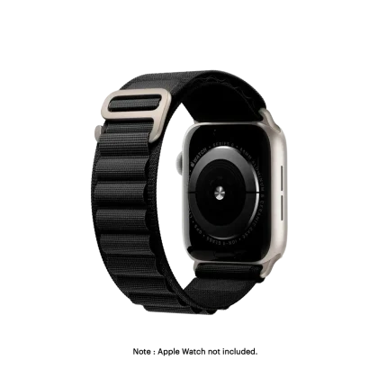 Black Ridge Loop Apple Watch band fitted to an Apple Watch, shown on white — watch not included