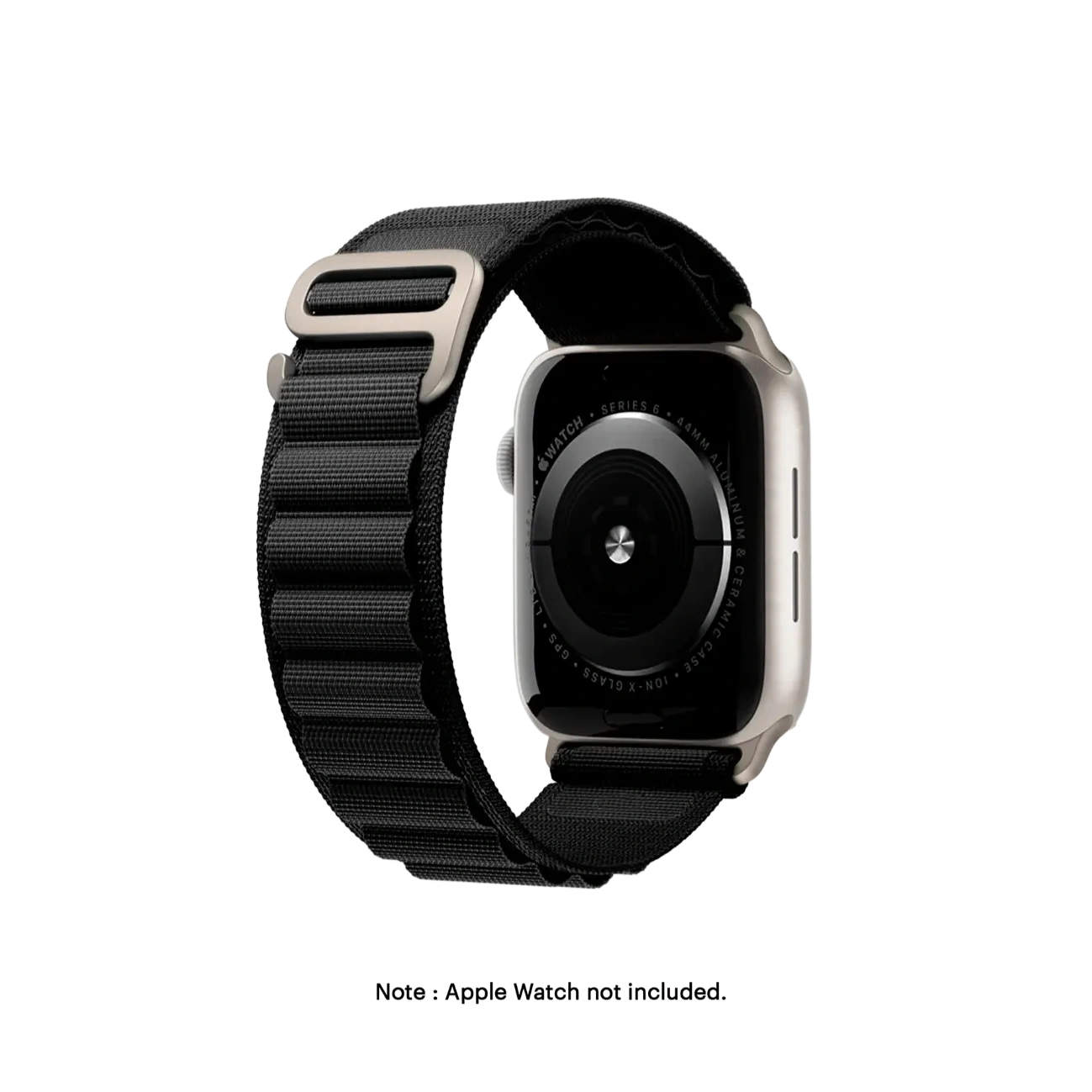 Black-Ridge-Loop-Apple-WatchBand-3-view Black Ridge Loop Apple Watch band fitted to an Apple Watch, shown on white — watch not included