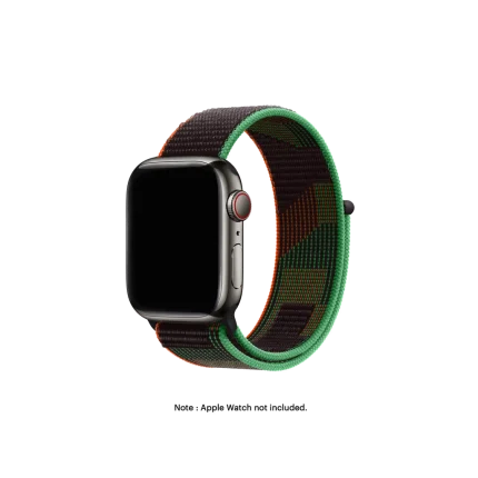 Black Unity Nylon Loop Apple Watch band fitted to an Apple Watch, shown on white — fits 38/40/41 mm cases, watch not included