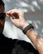 Black Velour Snap On Apple Watch band fitted to an Apple Watch, shown on white — watch not included