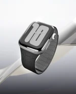 Black Velour Snap On Apple Watch band fitted to an Apple Watch, shown on white — watch not included
