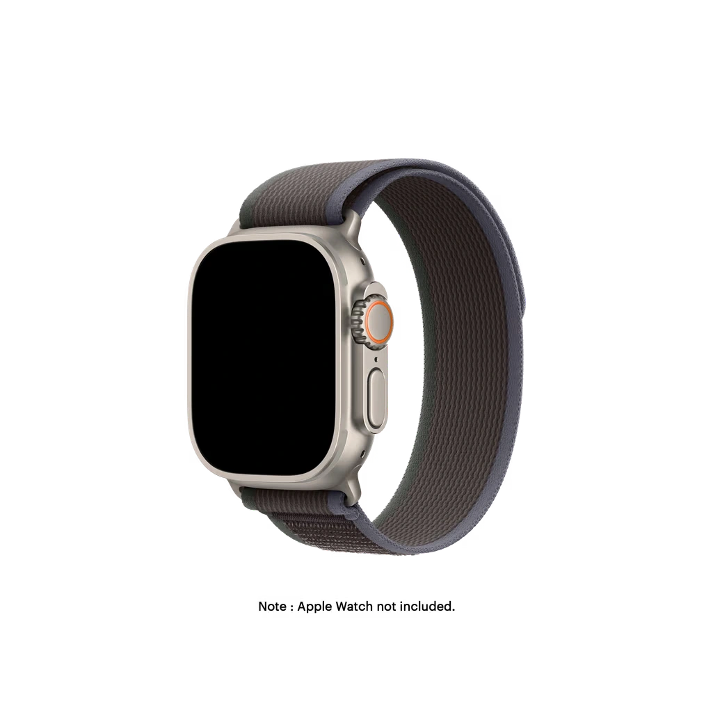 Blue-Black-Pull-Tab-Nylon-Weave-Apple-WatchBand-1 Blue-Black Pull Tab Nylon Weave Apple Watch band fitted to an Apple Watch, shown on white — fits 42/44/45/49 mm cases, watch not included