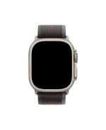 Blue-Black Pull Tab Nylon Weave Apple Watch band fitted to an Apple Watch, shown on white — watch not included