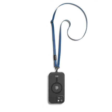 Blue Leatherite Crossbody Phone Lanyard - Strap attached to a black phone case, shown hanging against a white background