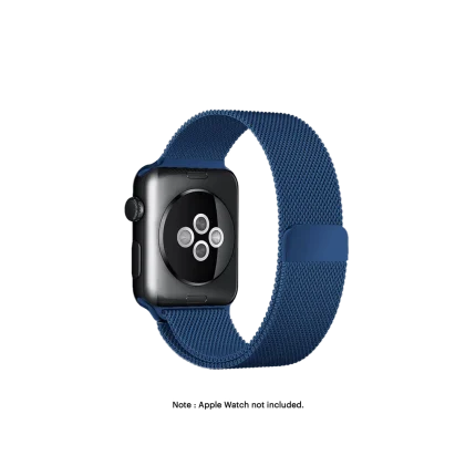 Blue Magnetic Milanese Loop Apple Watch band fitted to an Apple Watch, shown on white — fits 42/44/45/49 mm cases, watch not included