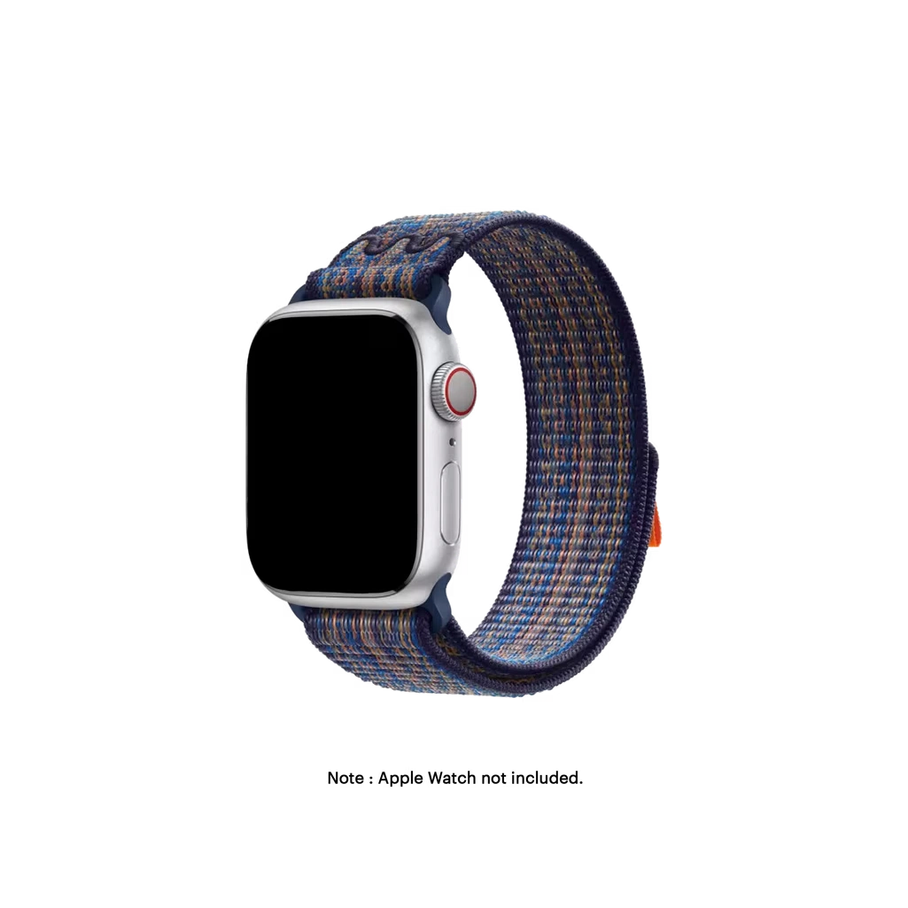 Blue-Orange-Sports-Loop-Apple-WatchBand Blue-Orange Sports Loop Apple Watch band fitted to an Apple Watch, shown on white — watch not included