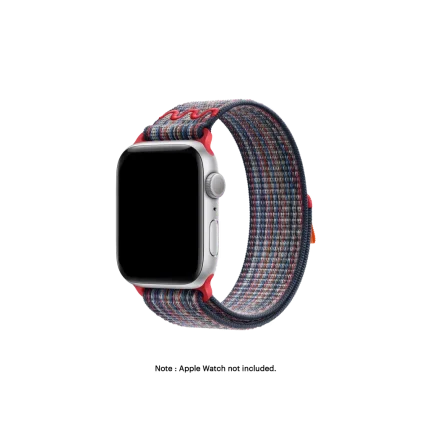 Blue-Red Sports Loop Apple Watch band fitted to an Apple Watch, shown on white — watch not included