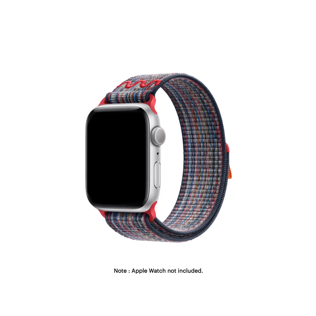 Blue-Red-Sports-Loop-Apple-WatchBand Blue-Red Sports Loop Apple Watch band fitted to an Apple Watch, shown on white — watch not included