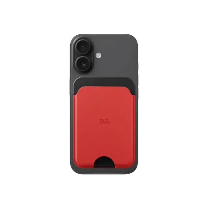 Crimson-Grey Leather MagSafe Card Wallet attached to the back of a black iPhone, shown on white