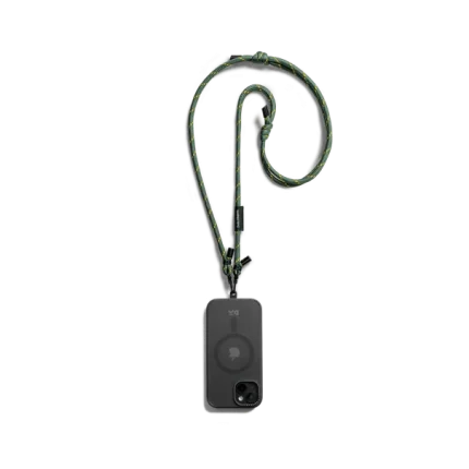 Green Crossbody Phone Lanyard - Cord attached to a black phone case, shown hanging against a white background