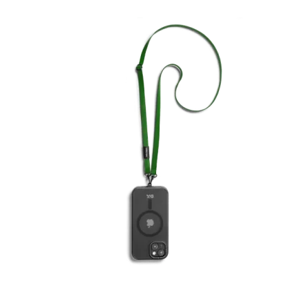 Green Leatherite Crossbody Phone Lanyard - Strap attached to a black phone case, shown hanging against a white background