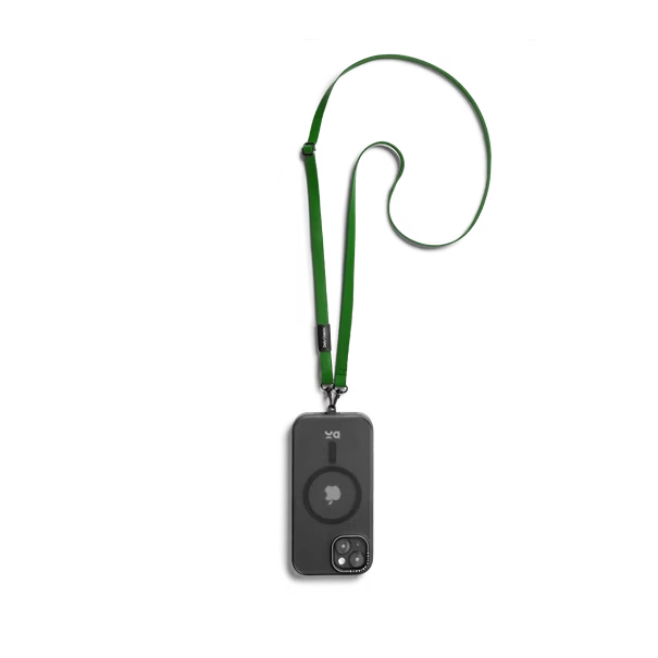 Green-Crossbody-Phone-Lanyard-Strap Green Leatherite Crossbody Phone Lanyard - Strap attached to a black phone case, shown hanging against a white background