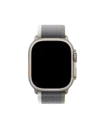 Green-Grey Pull Tab Nylon Weave Apple Watch band fitted to an Apple Watch, shown on white — watch not included